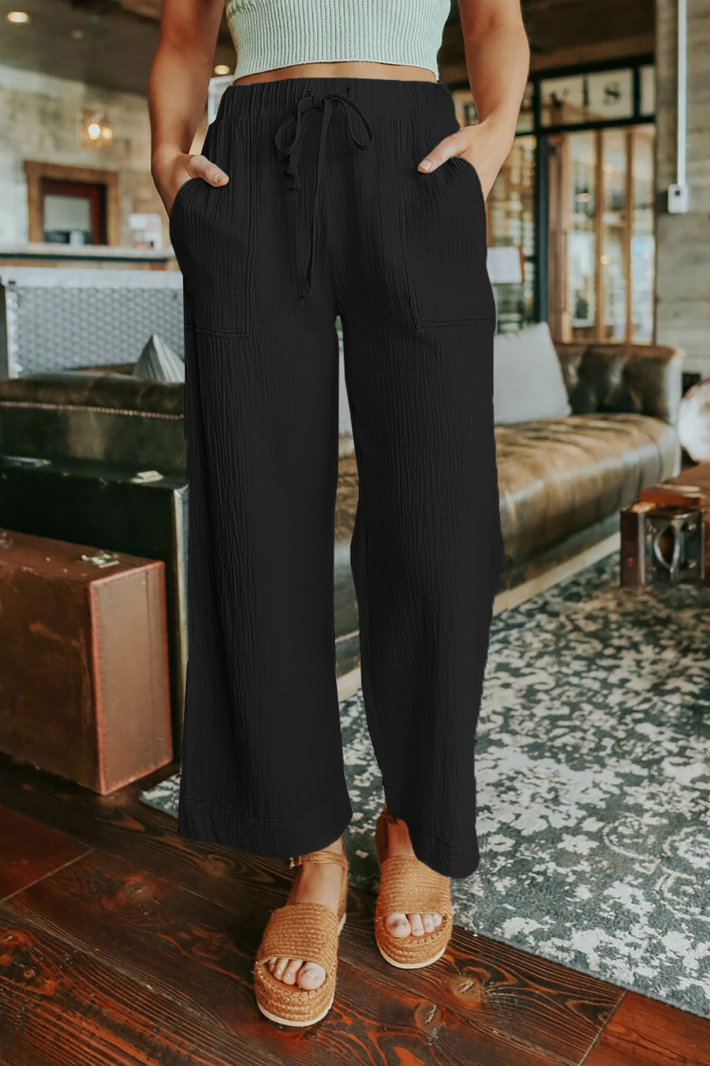 Solid Drawstring Crinkled Wide Leg Pants With Pocket
