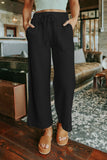 Solid Drawstring Crinkled Wide Leg Pants With Pocket