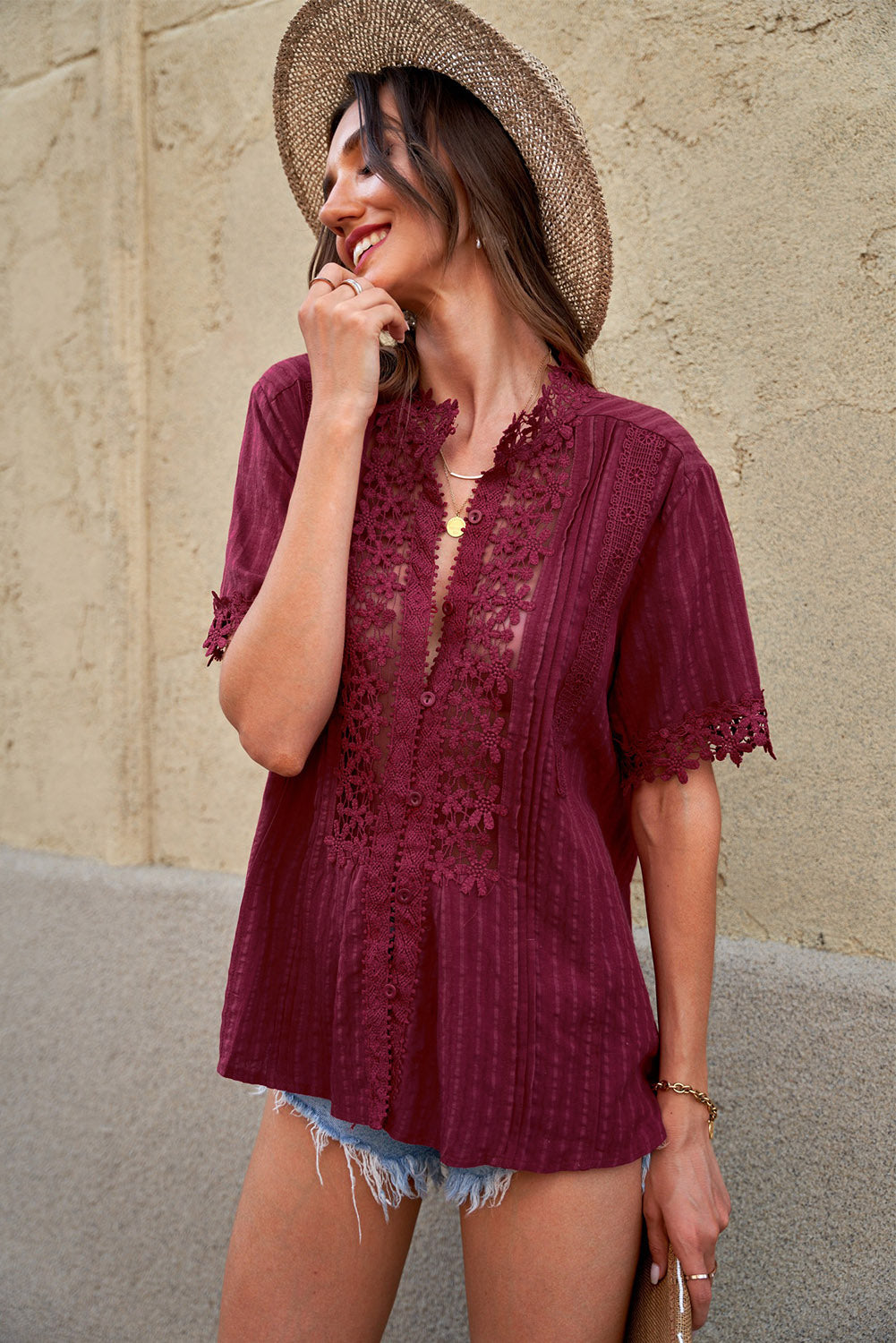 Gray Crochet Lace Splicing Short Sleeve Top