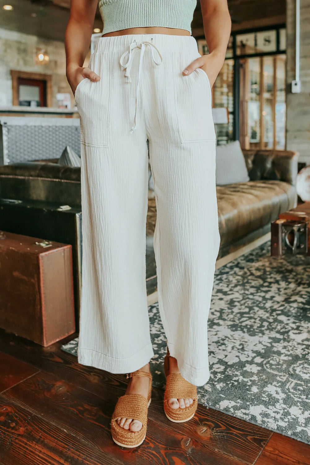 Solid Drawstring Crinkled Wide Leg Pants With Pocket