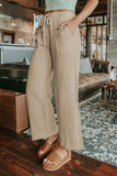 Solid Drawstring Crinkled Wide Leg Pants With Pocket