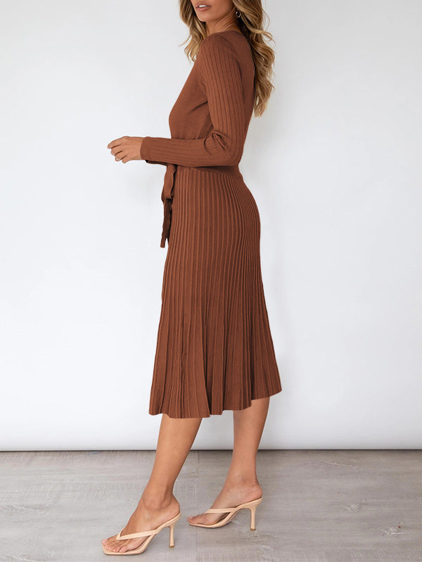 Women's Long Sleeve Midi Dress Wrap Pleated Sweater Dresses