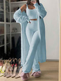 Womens Sexy 3 Piece Outfits Fuzzy Cardigan Crop Top Long Pants Set Loungewear