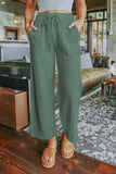 Solid Drawstring Crinkled Wide Leg Pants With Pocket