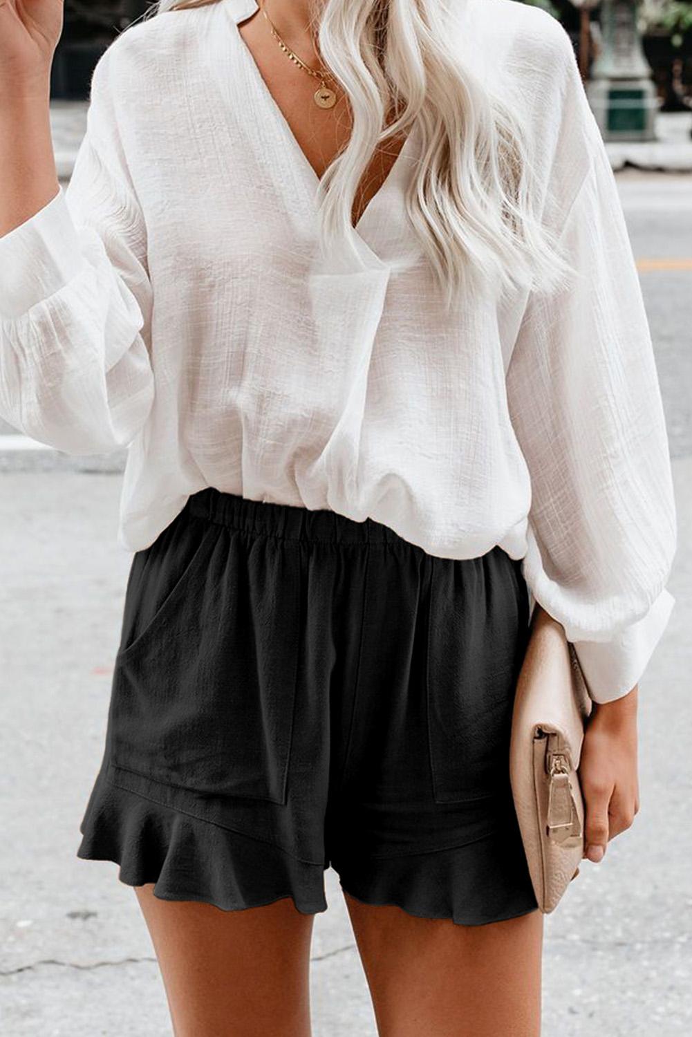 Solid Ruffle High Waisted Linen Shorts