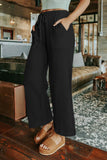 Solid Drawstring Crinkled Wide Leg Pants With Pocket
