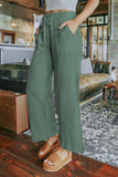 Solid Drawstring Crinkled Wide Leg Pants With Pocket