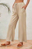 Solid Drawstring Crinkled Wide Leg Pants With Pocket
