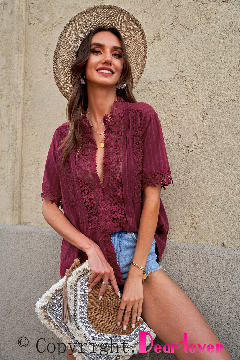 Gray Crochet Lace Splicing Short Sleeve Top