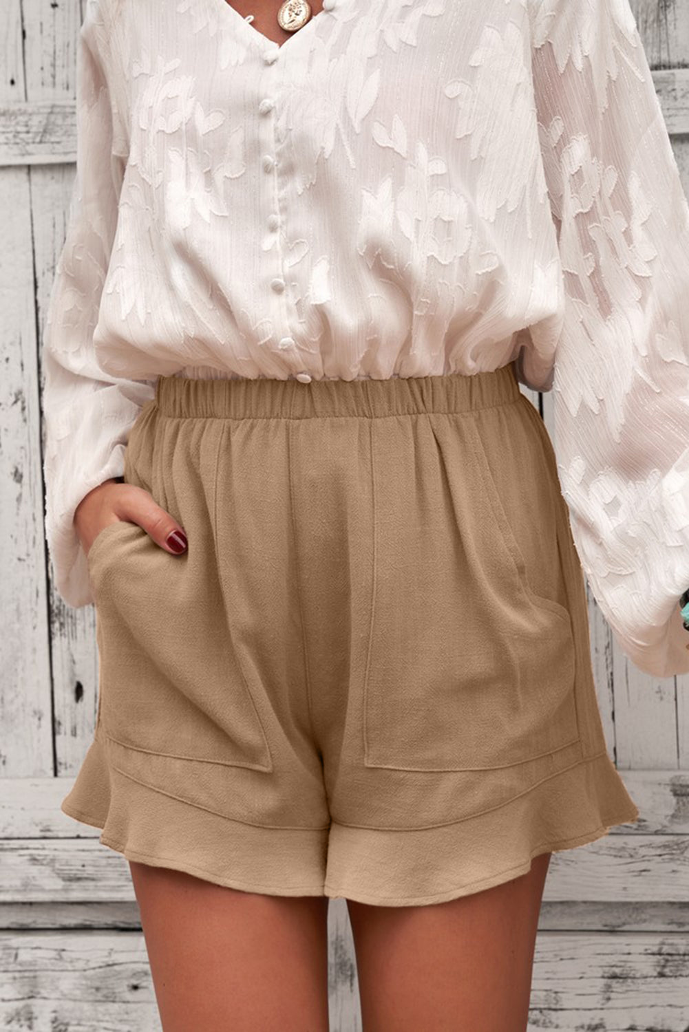 Solid Ruffle High Waisted Linen Shorts