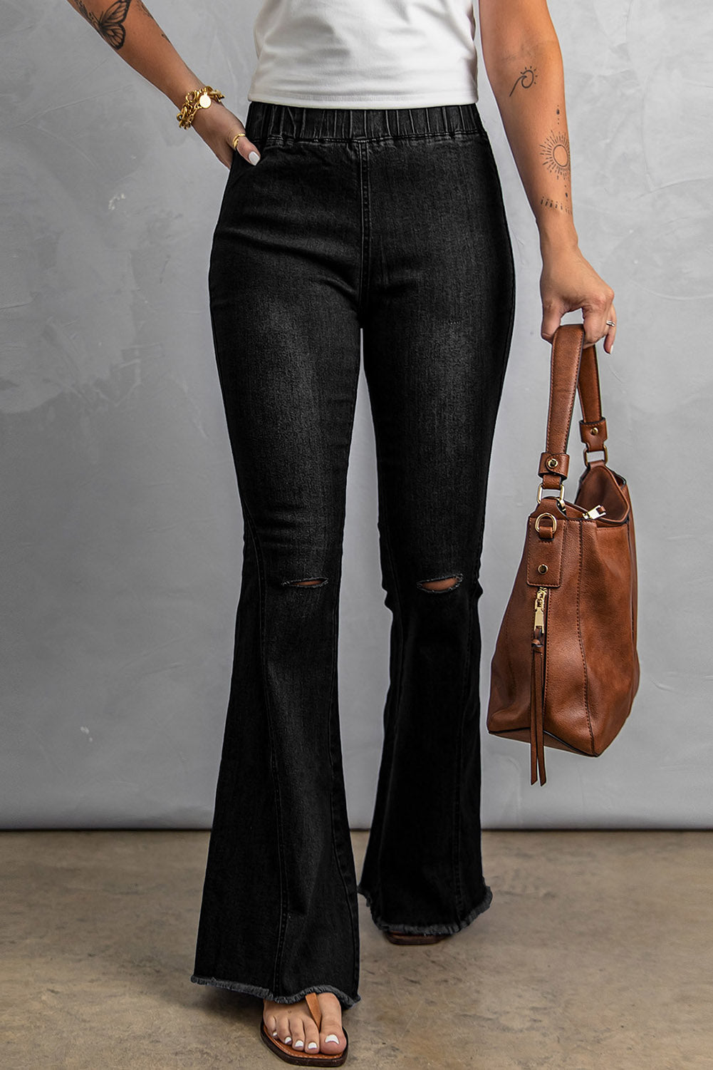 Butterfly Print Distressed Elastic High Waist Flare Jeans