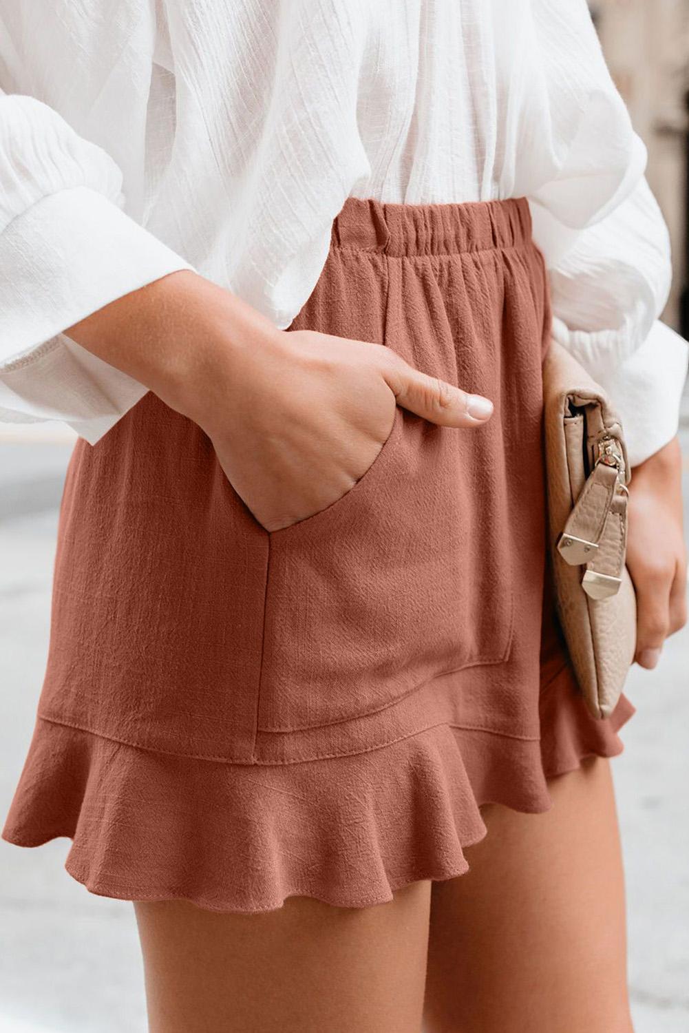 Solid Ruffle High Waisted Linen Shorts