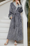 Solid Color Long Sleeve Flannel Thermal Robe Loungewear Bathrobe With Belt