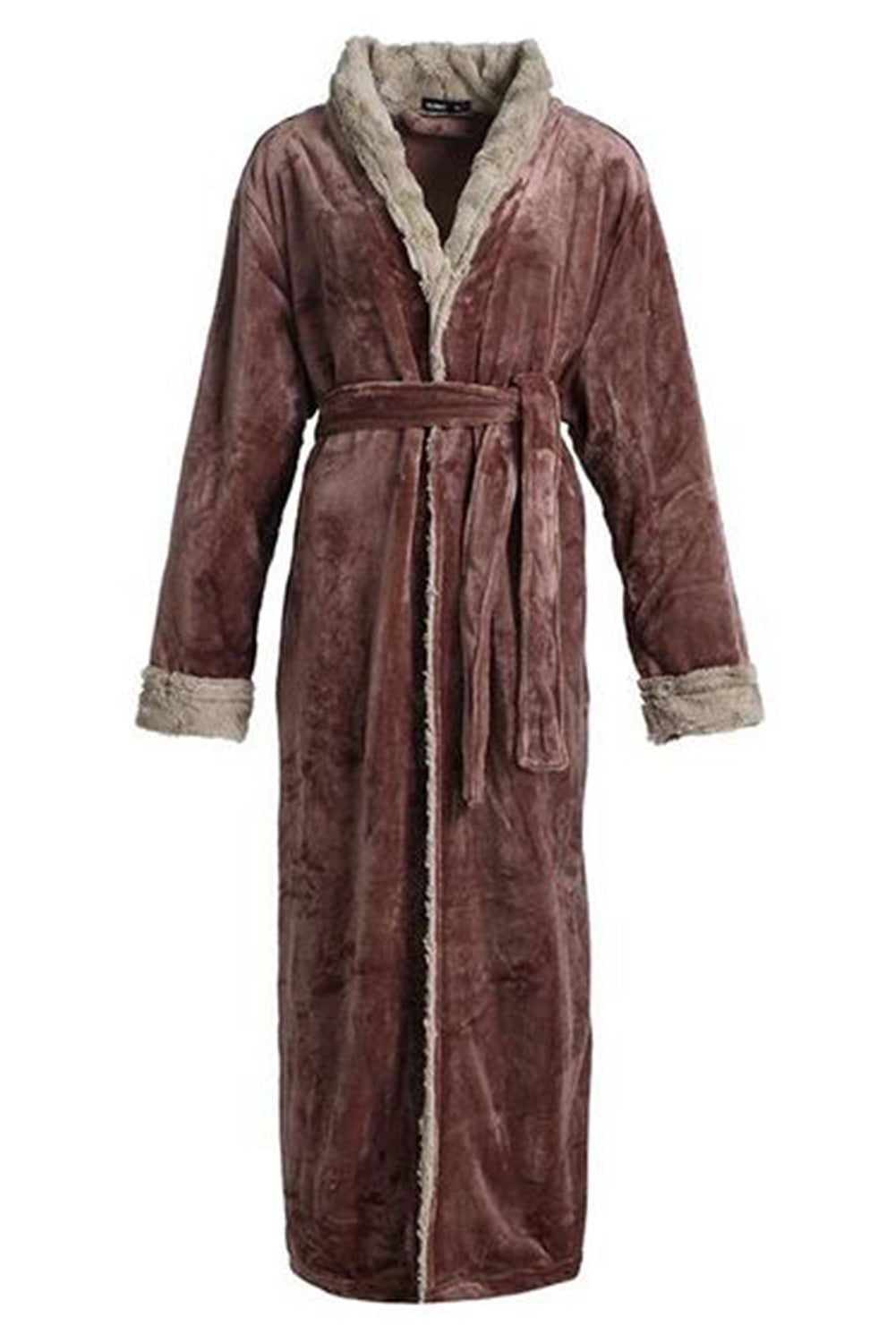 LC453040-17-M, LC453040-17-L, LC453040-17-XL, Brown Women's Solid Color Long Sleeve V Neck House Sleepwear Loungewear Bathrobe With Belt