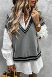 Women's V Neck Contrast Stripes Trims Short Sleeve Sweater