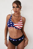 LC431420-22-S, LC431420-22-M, LC431420-22-L, LC431420-22-XL, Multicolor American Flag Print Criss Cross Bikini Swimwear