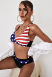 LC431420-22-S, LC431420-22-M, LC431420-22-L, LC431420-22-XL, Multicolor American Flag Print Criss Cross Bikini Swimwear