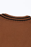 LC27041-1017-S, LC27041-1017-M, LC27041-1017-L, LC27041-1017-XL, LC27041-1017-2XL, Brown  V Neck Contrast Stripes Trims Short Sleeve Sweater