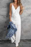 LC643831-1-S, LC643831-1-M, LC643831-1-L, LC643831-1-XL, LC643831-1-XS, White Solid Spaghetti Strap Wide Leg Drawstring High Waist Jumpsuit