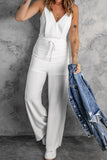 LC643831-1-S, LC643831-1-M, LC643831-1-L, LC643831-1-XL, LC643831-1-XS, White Solid Spaghetti Strap Wide Leg Drawstring High Waist Jumpsuit