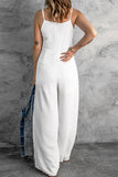 LC643831-1-S, LC643831-1-M, LC643831-1-L, LC643831-1-XL, LC643831-1-XS, White Solid Spaghetti Strap Wide Leg Drawstring High Waist Jumpsuit