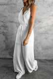 LC643831-1-S, LC643831-1-M, LC643831-1-L, LC643831-1-XL, LC643831-1-XS, White Solid Spaghetti Strap Wide Leg Drawstring High Waist Jumpsuit