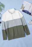 LC2539002-1-M, LC2539002-1-L, LC2539002-1-XL, White Triple Colorblock Zipper Sweatshirt   Colorblock Leopard Zipper Sweatshirt