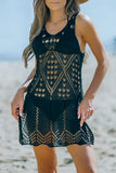 LC421553-2, Black Geometric Patterned Knit Boho Style Beach Cover Up