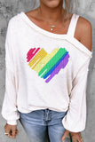 LC25114796-15-S, LC25114796-15-M, LC25114796-15-L, LC25114796-15-XL, LC25114796-15-2XL, Beige Womens Long Sleeve Sweatshirt Rainbow Heart Print Cold Shoulder Top