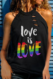 LC2566352-2-S, LC2566352-2-M, LC2566352-2-L, LC2566352-2-XL, LC2566352-2-2XL, Black Womens Shirts Sleeveless Summer Love is Love Print Rainbow Ripped Halter T-shirt