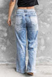 LC787590-4-S, LC787590-4-M, LC787590-4-L, LC787590-4-XL, Sky Blue Women's Rainbow Print Denim Pants Casual Loose Ripped Distressed Wide Leg Jeans