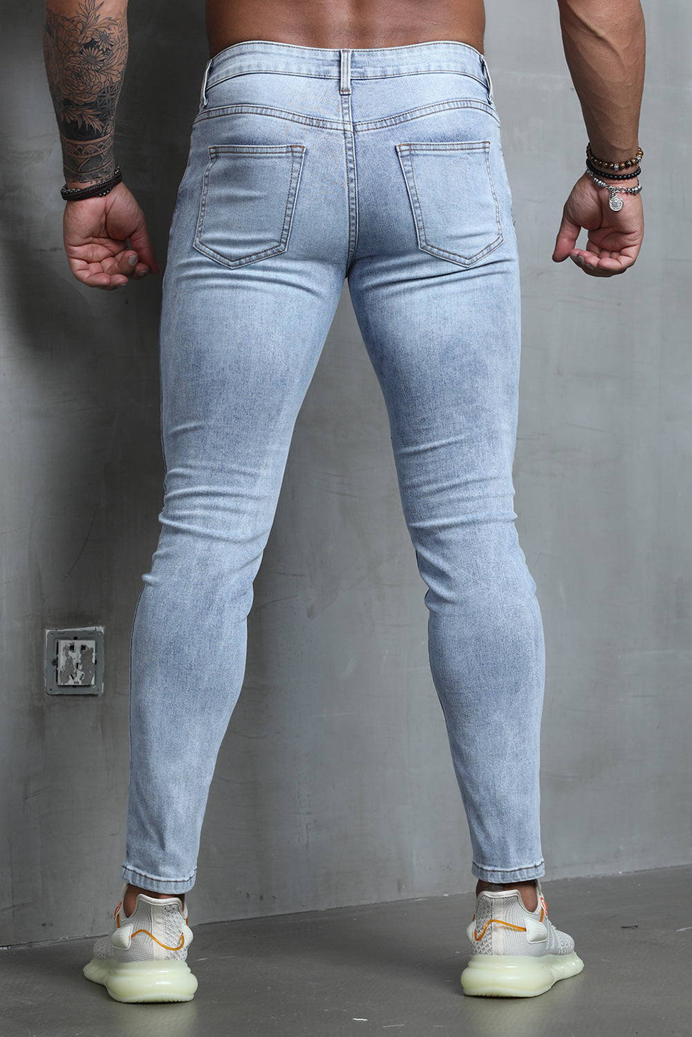 MC783128-4-S, MC783128-4-M, MC783128-4-L, MC783128-4-XL, MC783128-4-2XL, Sky Blue Skinny Jeans for Men Pride Gay Stripes and Stars Print Ripped Denim Pants