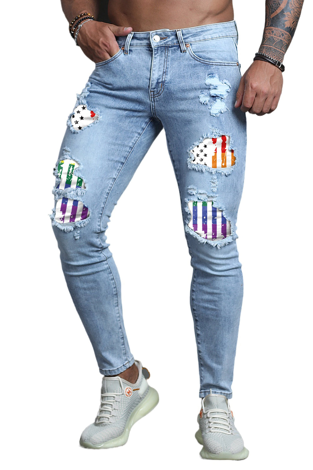MC783128-4-S, MC783128-4-M, MC783128-4-L, MC783128-4-XL, MC783128-4-2XL, Sky Blue Skinny Jeans for Men Pride Gay Stripes and Stars Print Ripped Denim Pants