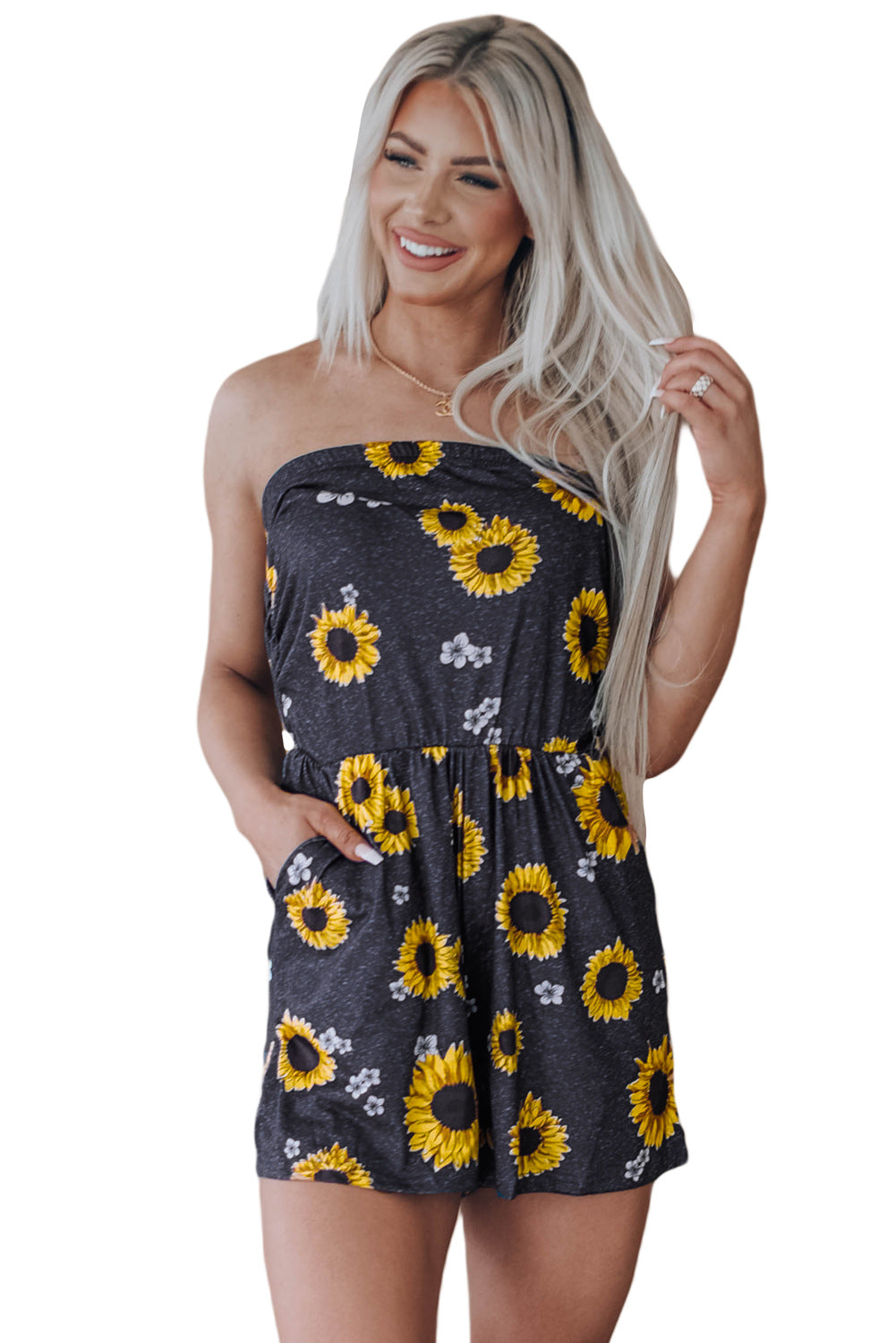 LC642083-7-S, LC642083-7-M, LC642083-7-L, LC642083-7-XL, Yellow  Floral Print Bandeau Romper with Pockets Gay Palm Leaves Print Bandeau Romper with Pockets Multicolor Tie-dye Print Bandeau Romper with Pockets