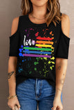 LC25216655-2-S, LC25216655-2-M, LC25216655-2-L, LC25216655-2-XL, LC25216655-2-2XL, Black Women's Love Rainbow Top Cold Shoulder Tee Short Sleeve T-Shirt