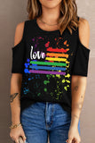 LC25216655-2-S, LC25216655-2-M, LC25216655-2-L, LC25216655-2-XL, LC25216655-2-2XL, Black Women's Love Rainbow Top Cold Shoulder Tee Short Sleeve T-Shirt