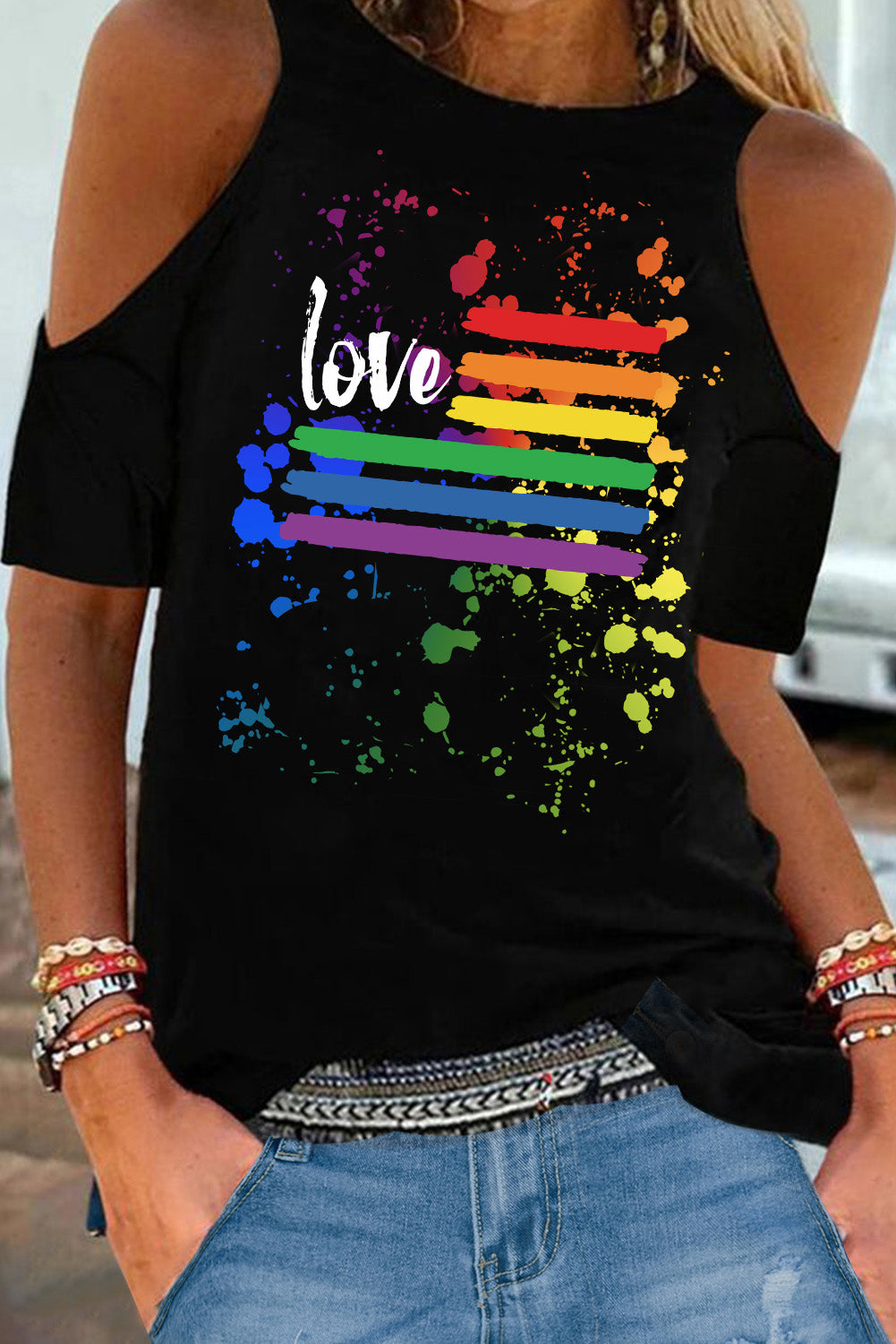 LC25216655-2-S, LC25216655-2-M, LC25216655-2-L, LC25216655-2-XL, LC25216655-2-2XL, Black Women's Love Rainbow Top Cold Shoulder Tee Short Sleeve T-Shirt