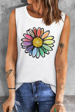 LC2566714-1-S, LC2566714-1-M, LC2566714-1-L, LC2566714-1-XL, LC2566714-1-2XL, White Womens Crew Neck Tank Tops Summer Rainbow Daisy Sleeveless Tops