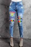 LC787910-4-S, LC787910-4-M, LC787910-4-L, LC787910-4-XL, LC787910-4-2XL, Sky Blue Women's Pride LGBT High Waisted Rainbow Ripped Jeans Destroyed Denim Pants
