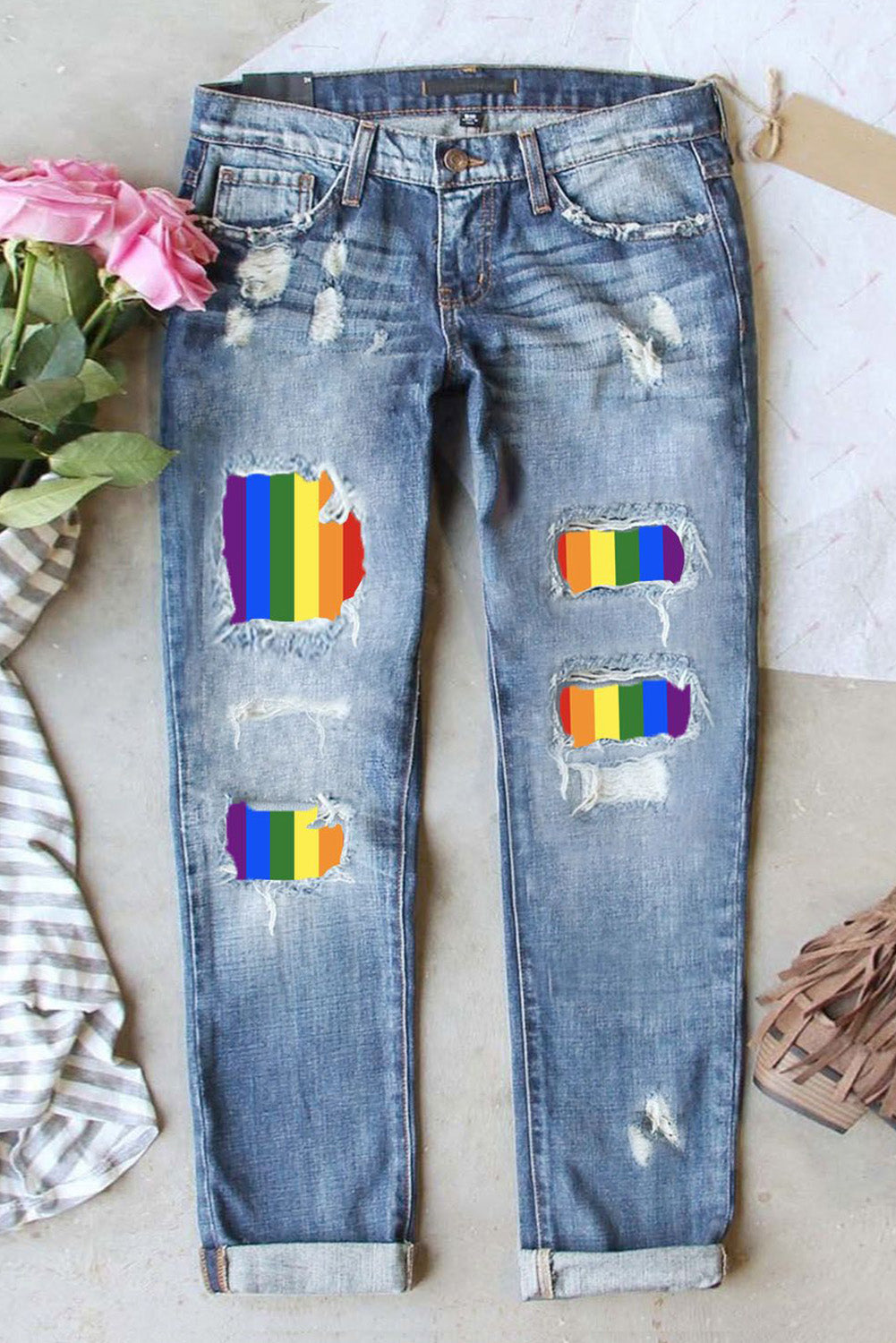 LC787948-4-S, LC787948-4-M, LC787948-4-L, LC787948-4-XL, LC787948-4-2XL, Sky Blue Womens Rainbow Striped Denim Pants Patch Ripped Boyfriend Distressed Ripped Jeans