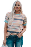 Yellow Womens Multicolor Stripes Crew Neck T Shirt LC25114092-7