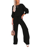 LC275002-2-S, LC275002-2-M, LC275002-2-L, LC275002-2-XL, Black Women's 2 Piece Outfit Sweater Set Long Sleeve Crop Knit Top and Wide Leg Long Pants Sweatsuit