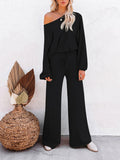 LC275002-2-S, LC275002-2-M, LC275002-2-L, LC275002-2-XL, Black Women's 2 Piece Outfit Sweater Set Long Sleeve Crop Knit Top and Wide Leg Long Pants Sweatsuit