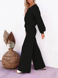 LC275002-2-S, LC275002-2-M, LC275002-2-L, LC275002-2-XL, Black Women's 2 Piece Outfit Sweater Set Long Sleeve Crop Knit Top and Wide Leg Long Pants Sweatsuit