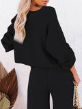 LC275002-2-S, LC275002-2-M, LC275002-2-L, LC275002-2-XL, Black Women's 2 Piece Outfit Sweater Set Long Sleeve Crop Knit Top and Wide Leg Long Pants Sweatsuit