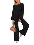 LC275002-2-S, LC275002-2-M, LC275002-2-L, LC275002-2-XL, Black Women's 2 Piece Outfit Sweater Set Long Sleeve Crop Knit Top and Wide Leg Long Pants Sweatsuit