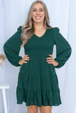 PL61155-9-1X, PL61155-9-2X, PL61155-9-3X, PL61155-9-4X, PL61155-9-5X, Green Plus Size Puff Sleeve Smocked Tiered Dress