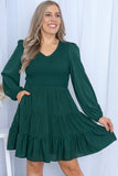 PL61155-9-1X, PL61155-9-2X, PL61155-9-3X, PL61155-9-4X, PL61155-9-5X, Green Plus Size Puff Sleeve Smocked Tiered Dress