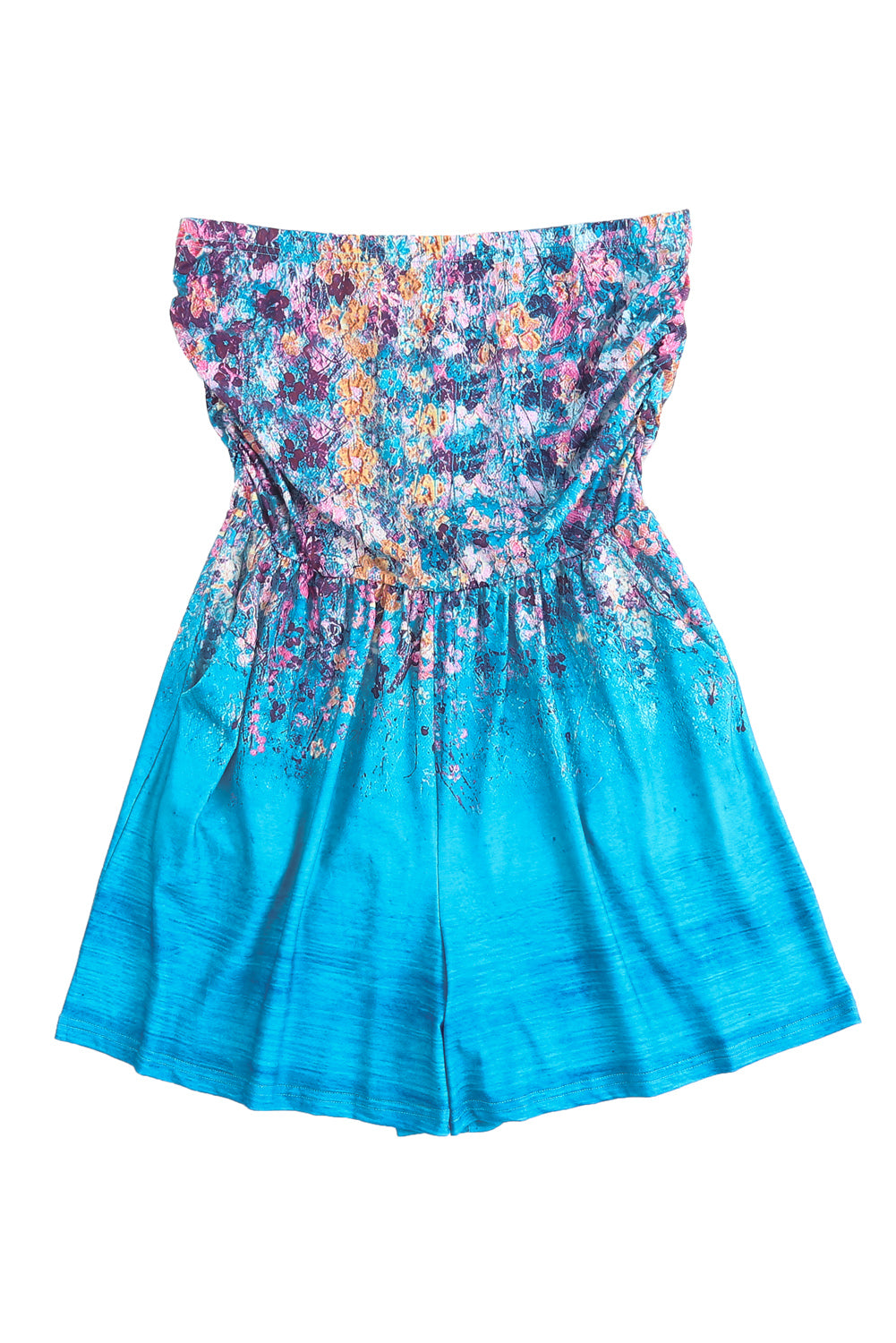LC642083-4-S, LC642083-4-M, LC642083-4-L, LC642083-4-XL, Sky Blue  Floral Print Bandeau Romper with Pockets Gay Palm Leaves Print Bandeau Romper with Pockets Multicolor Tie-dye Print Bandeau Romper with Pockets