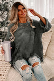 LC2722374-11-S, LC2722374-11-M, LC2722374-11-L, LC2722374-11-XL, LC2722374-11-2XL, Gray Ripped Raw Hem Chunky Pullover Sweater